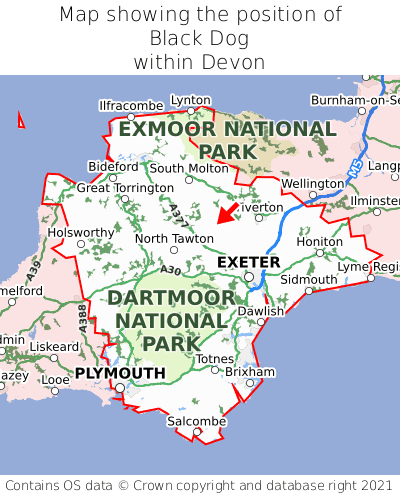 Map showing location of Black Dog within Devon