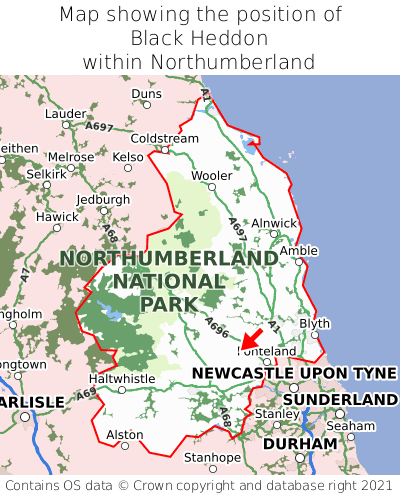 Map showing location of Black Heddon within Northumberland