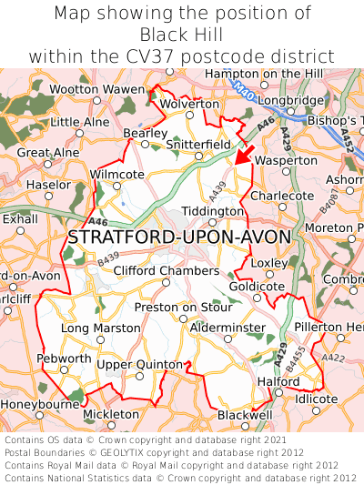 Map showing location of Black Hill within CV37