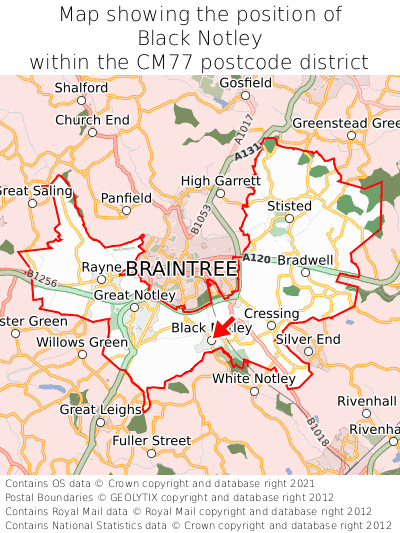 Map showing location of Black Notley within CM77