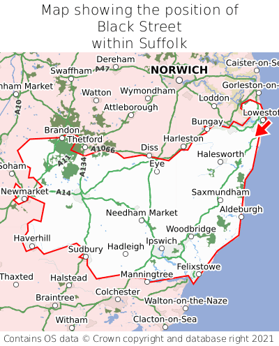 Map showing location of Black Street within Suffolk