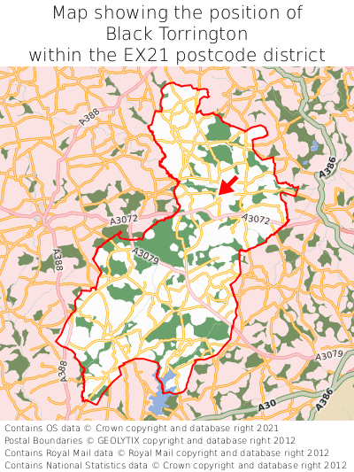 Map showing location of Black Torrington within EX21