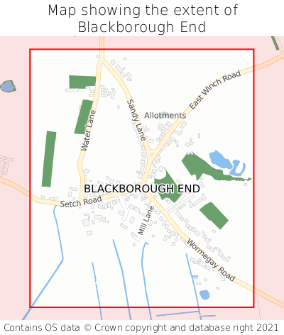 Map showing extent of Blackborough End as bounding box