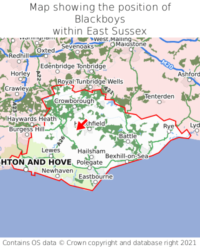 Map showing location of Blackboys within East Sussex