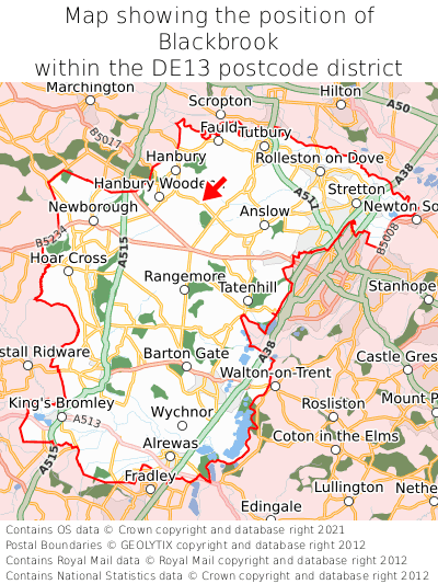 Map showing location of Blackbrook within DE13