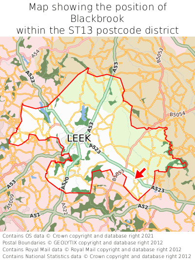 Map showing location of Blackbrook within ST13