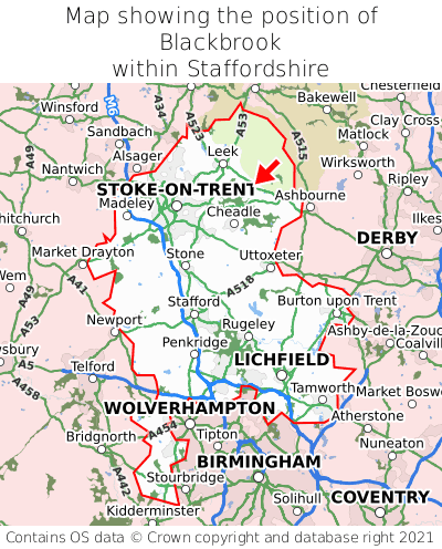 Map showing location of Blackbrook within Staffordshire