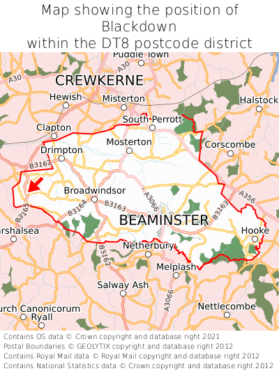 Map showing location of Blackdown within DT8