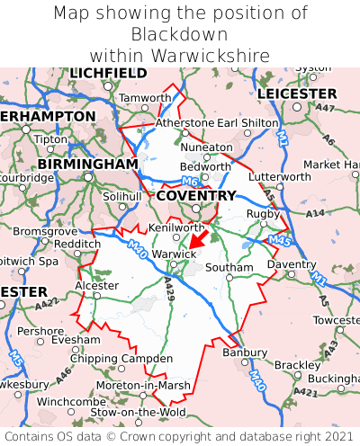 Map showing location of Blackdown within Warwickshire
