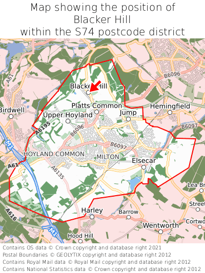 Map showing location of Blacker Hill within S74