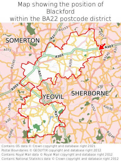 Map showing location of Blackford within BA22