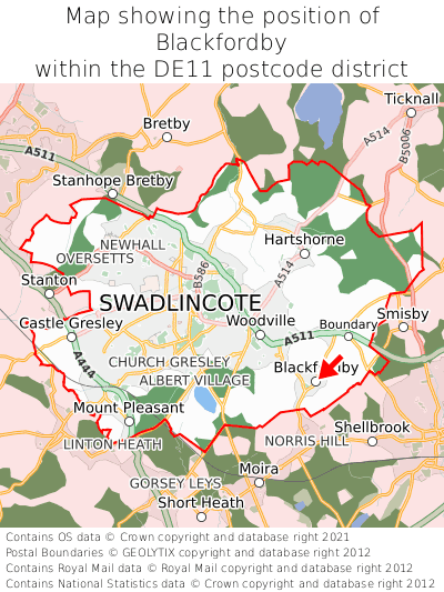 Map showing location of Blackfordby within DE11