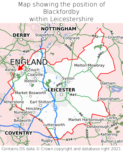 Map showing location of Blackfordby within Leicestershire