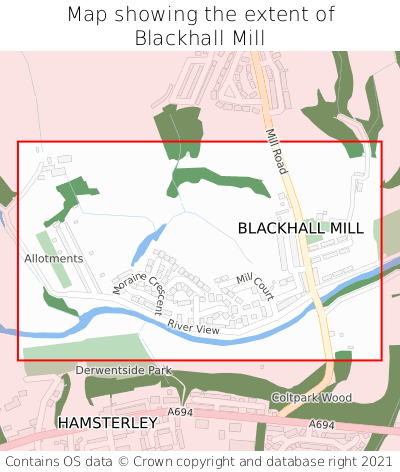 Map showing extent of Blackhall Mill as bounding box