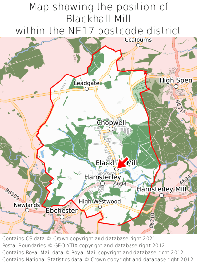 Map showing location of Blackhall Mill within NE17