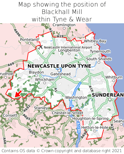 Map showing location of Blackhall Mill within Tyne & Wear