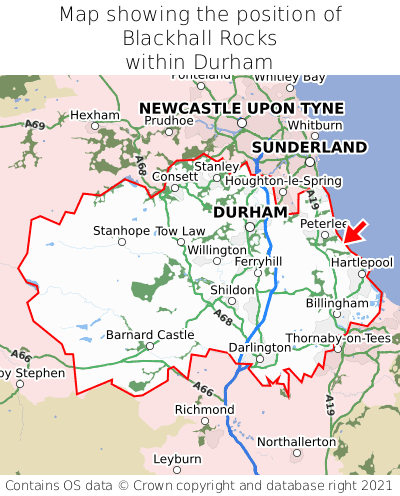 Map showing location of Blackhall Rocks within Durham
