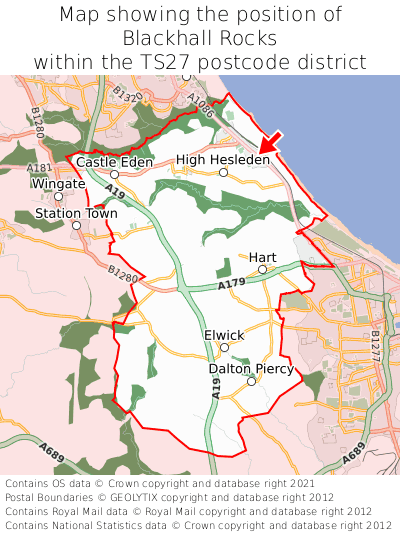 Map showing location of Blackhall Rocks within TS27