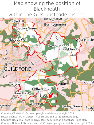 Map showing location of Blackheath within GU4