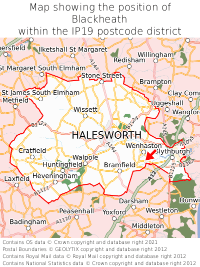 Map showing location of Blackheath within IP19