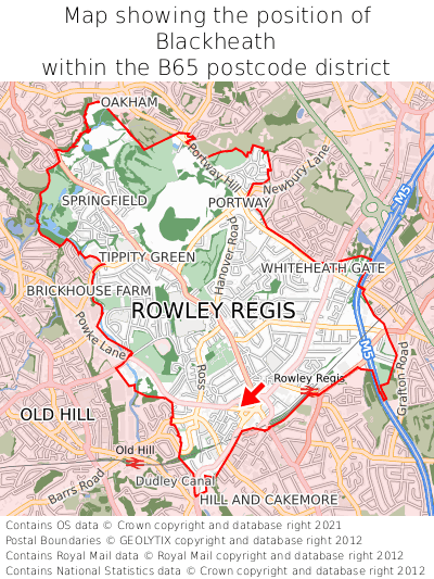 Map showing location of Blackheath within B65