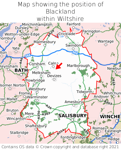 Map showing location of Blackland within Wiltshire