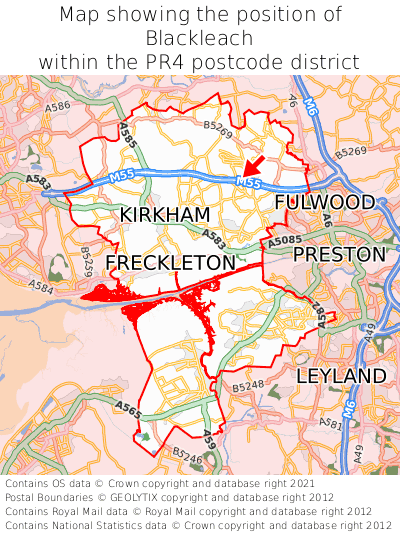 Map showing location of Blackleach within PR4