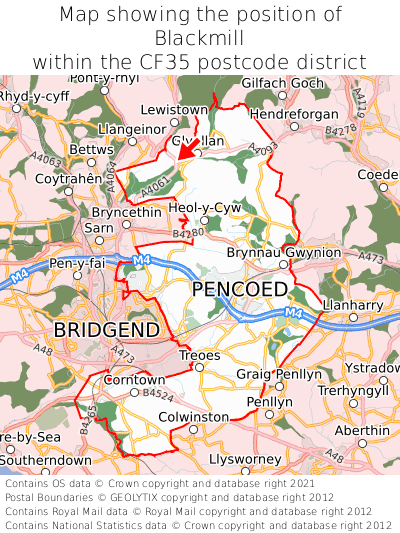 Map showing location of Blackmill within CF35