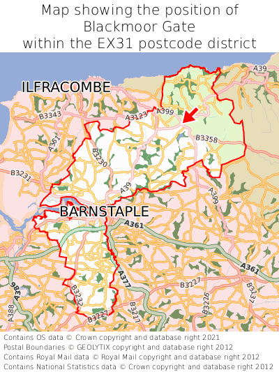 Map showing location of Blackmoor Gate within EX31