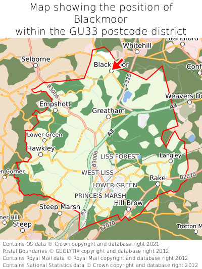 Map showing location of Blackmoor within GU33