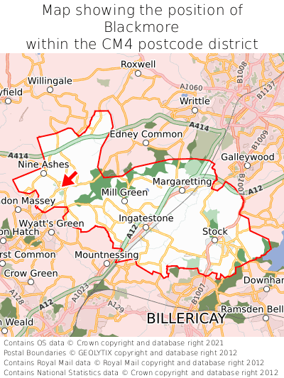 Map showing location of Blackmore within CM4