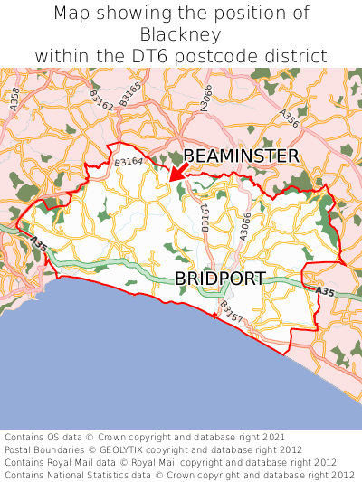 Map showing location of Blackney within DT6