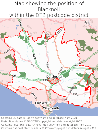 Map showing location of Blacknoll within DT2