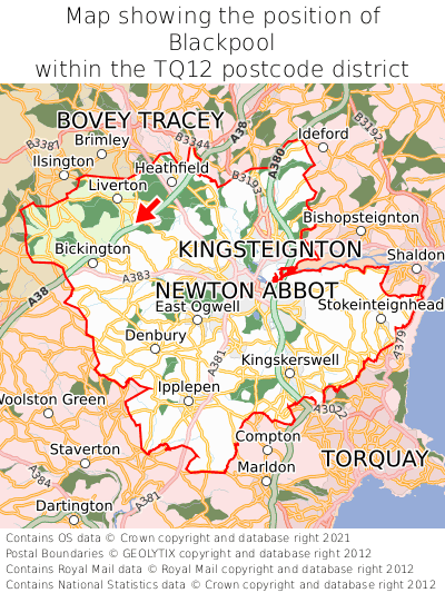 Map showing location of Blackpool within TQ12