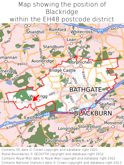 Map showing location of Blackridge within EH48