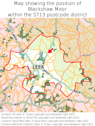 Map showing location of Blackshaw Moor within ST13