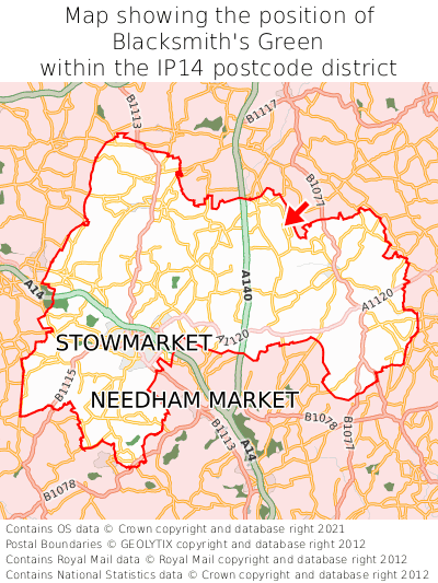 Map showing location of Blacksmith's Green within IP14