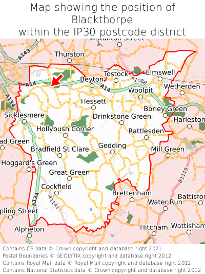 Map showing location of Blackthorpe within IP30