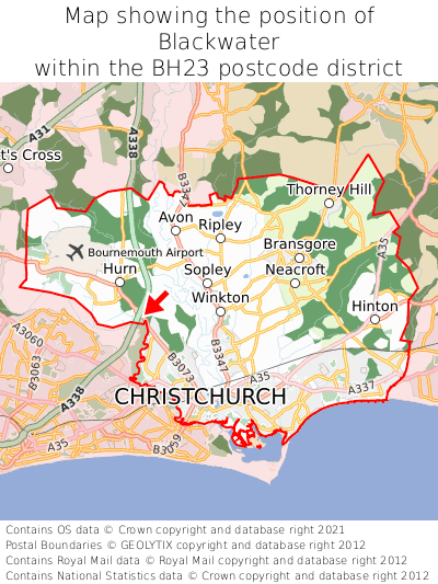 Map showing location of Blackwater within BH23