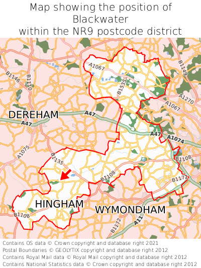 Map showing location of Blackwater within NR9