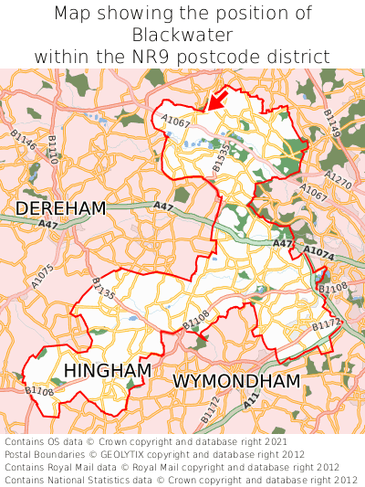 Map showing location of Blackwater within NR9