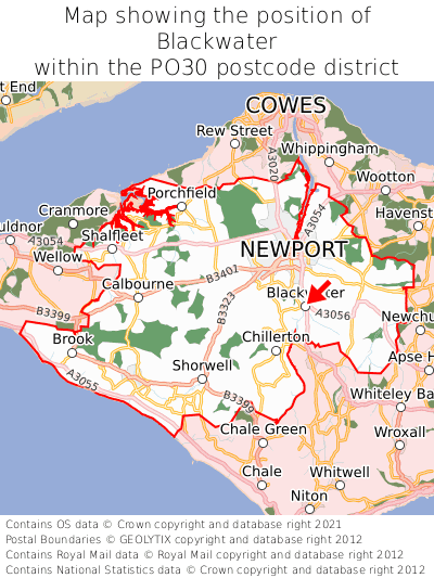 Map showing location of Blackwater within PO30