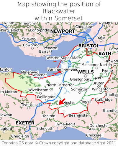 Map showing location of Blackwater within Somerset