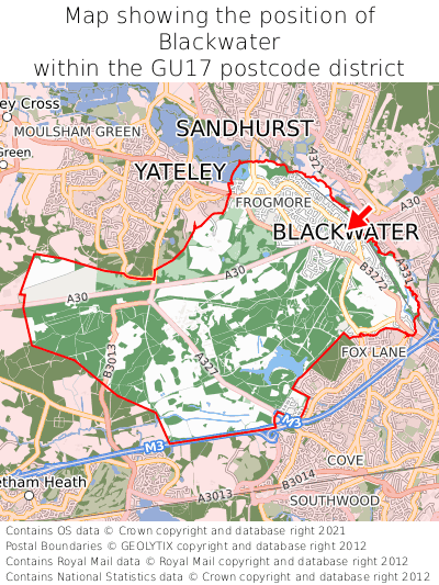 Map showing location of Blackwater within GU17