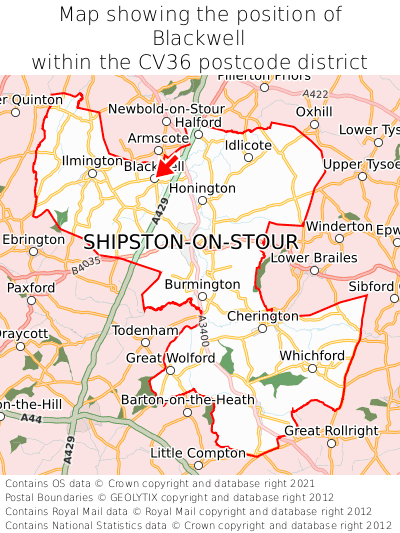 Map showing location of Blackwell within CV36