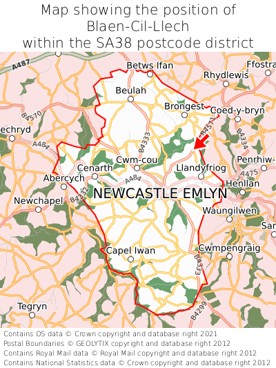 Map showing location of Blaen-Cil-Llech within SA38