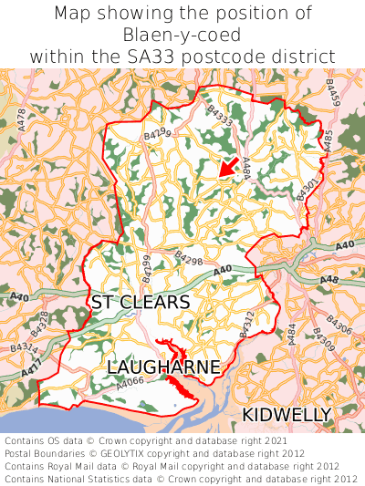 Map showing location of Blaen-y-coed within SA33