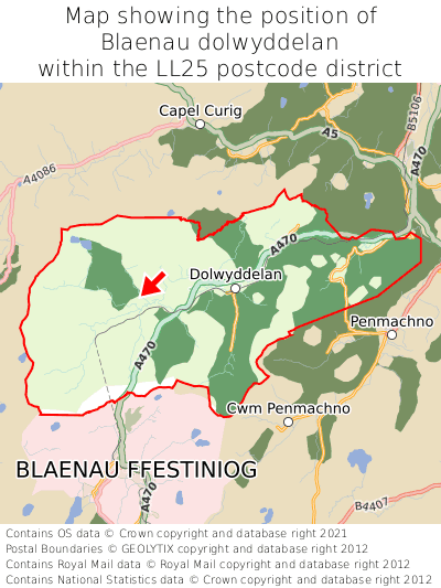 Map showing location of Blaenau dolwyddelan within LL25