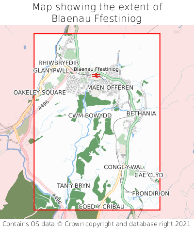 Map showing extent of Blaenau Ffestiniog as bounding box