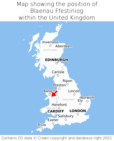 Map showing location of Blaenau Ffestiniog within the UK